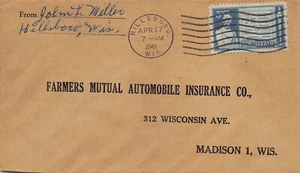 Wisconsin Cover 1949 HILLSBORO to Farmers Mutual Automobile Ins Madison - Picture 1 of 3