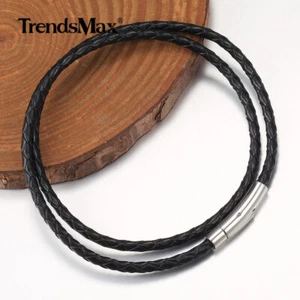 Collar gargantilla de cierre seguro de acero inoxidable con cordón de cuero trenzado negro para mujer - Imagen 1 de 6
