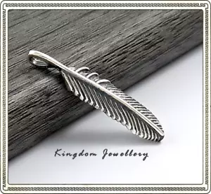 Solid 925 Sterling Silver 33 mm x 7 mm Oxidized Feather Pendant - Picture 1 of 8