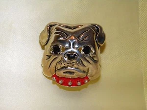 BULLDOG PIN BROOCH W/RHINESTONE EYES by FASHION LEADER LATE 80's RED COLLAR - Picture 1 of 1