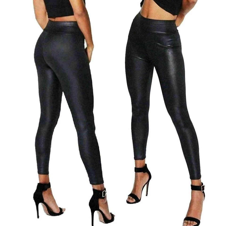 WOMEN Wet Look highwaist PU PVC Shiny Paper Faux Leather Look Trousers Leggings - Image 1 of 4