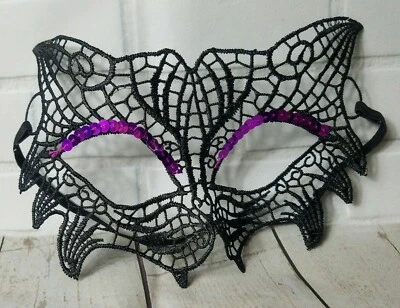 Black Cat Purple Sequin Cutout Textured Masquerade Party Halloween Eye Mask - Image 1 of 4