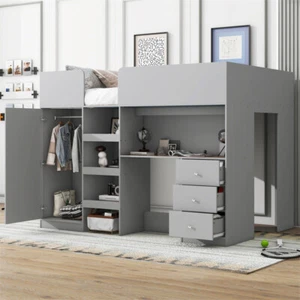 Wood Full Size Loft Bed with Built-in Wardrobe, Desk, Storage Shelves and Drawer - Picture 1 of 14