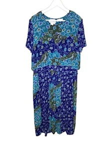 Vintage 90s Blue & Teal Floral Boho Crinkly Gauze Rayon Midi Dress, Size 12 - Picture 1 of 7