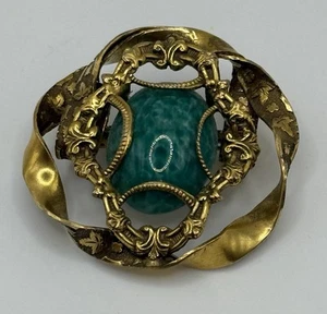 Vintage Sandor Blue Stone Cabochon Ornate Floral Gold Tone Brooch - Picture 1 of 4