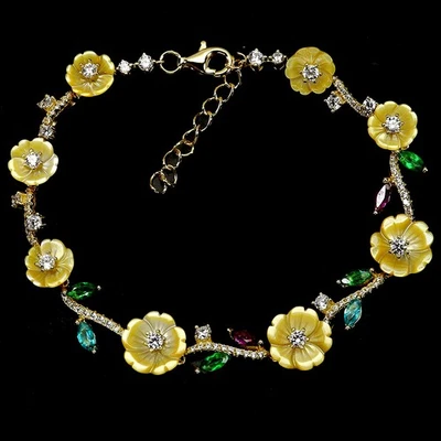 Pulsera de plata de ley 925 marquesa topacio verde mo piedras preciosas esmalte flor 7 pulgadas Foto 1 de 4