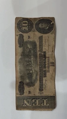 Billete de 10 dólares de los Estados Confederados de 1864 T-68 Richmond Guerra Civil CSA **BH051621 Foto 1 de 3
