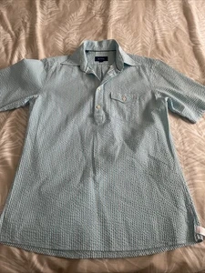 Eton Shirt Mens Medium Light Blue White Stripes Short Sleeve Pocket Poplin - Picture 1 of 9