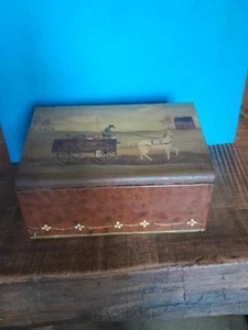 Vintage Hanmade & Folkart Painted Wooden Box Horse Wagon Scene Children In... - Picture 1 of 24