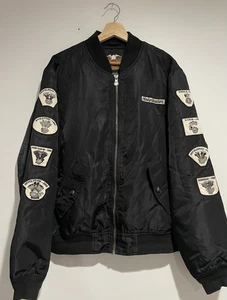 Harley Davidson Bomber Jacket Sz Large Black Engine Patches Full Zip Nylon - Picture 1 of 10