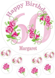 60th Birthday Roses 7.5 Inch Round Iced Icing Cake Topper + 8 cupcake toppers - Picture 1 of 1