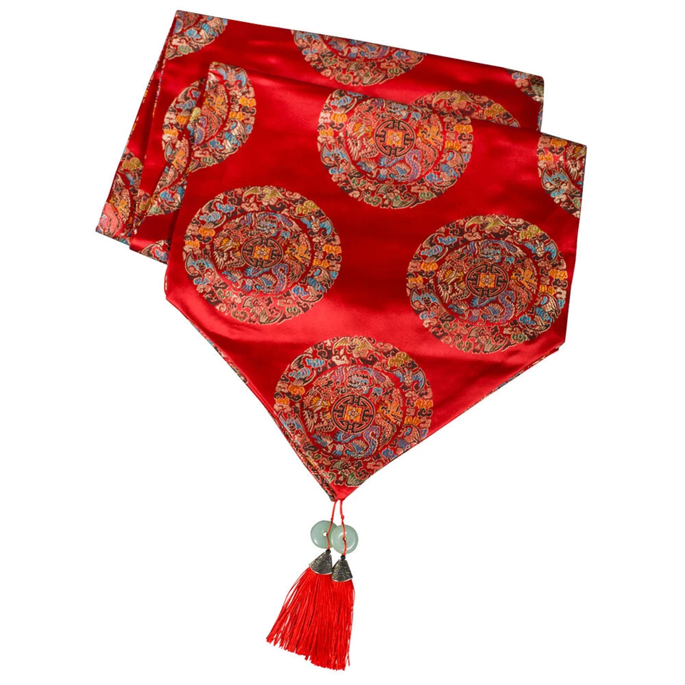 US SELLER - 80 Inch Red Silk Chinese Imperial Dragon Table Runner - Image 1 of 3