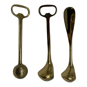 3 Vintage Solid Brass Shoe Horn/Bottle Openers Golf Ball/Driver End Heavy 7.5-9” - Picture 1 of 11