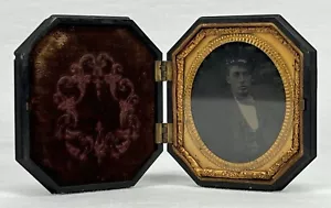 Antique Mid 19th C Gutta Percha Thermoplastic Case Young Gentleman Tintype - Picture 1 of 24