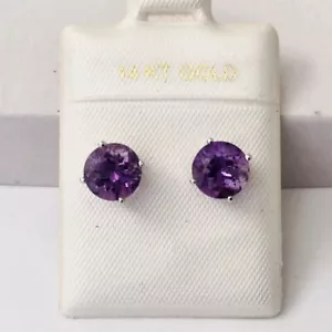 Solid 14K White / Yellow Gold Round Natural Amethyst Gemstones Stud Earrings NEW - Picture 1 of 12