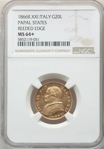 ITALY PAPAL STATES 1866 20 LIRE GOLD COIN CHOICE UNCIRCULATED NGC CERT.  MS64+ - Picture 1 of 2