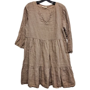 Vestido BELLAMBIA Mujer Mediano Beige 100% Lino Funda Cuello en V Lagenlook Boho - Imagen 1 de 10