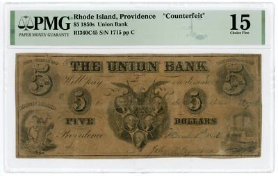 1856 $5 The Union Bank - Providence, RHODE ISLAND (Spurious) Note PMG Fine 15 - Image 1 of 2