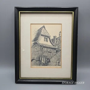 Vintage Black Framed Etching Print "Old House", Signed, Wall Hanging, 11" x 9" - Picture 1 of 10