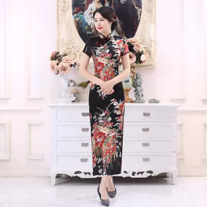 Nuovo lussuoso abito lungo cinese nero raso floreale Cheongsam Qipao lcdress195 - Foto 1 di 5