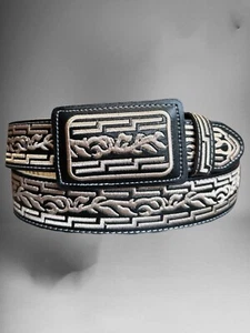 Cinturón vaquero del oeste bordado Cinto Rodeo Charro Estilo Piteado de piel para hombre - Imagen 1 de 3