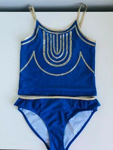 EUC Authentic JANTZEN Girl's Two-Piece Swimsuit in Blue & Gold Size 14 - Picture 1 of 10