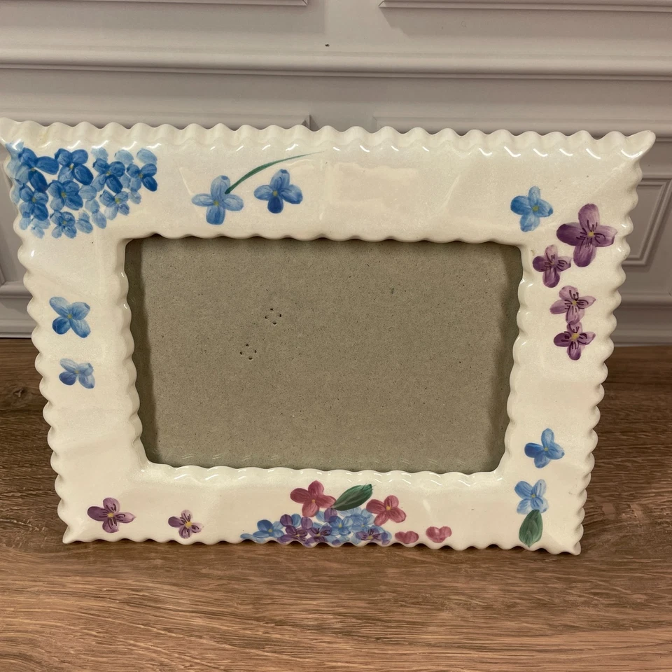 Vintage ceramic 5x7 Picture Frame Pink & Blue Flowers Scalloped Edge Cottagecore - Image 1 of 4
