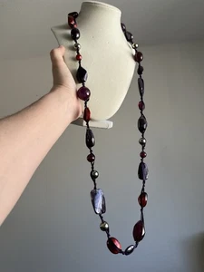 VTG Acrylic Purple Beaded Gunmetal Purple Ribbon Statement Necklace 38” - Picture 1 of 5