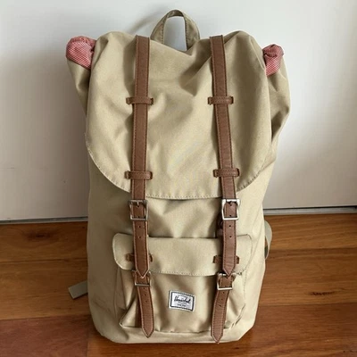 Herschel Little America Backpack Beige Tan Canvas Leather Straps VGC - image 1 of 4