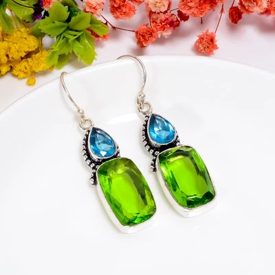 Peridot Blue Topaz Gemstone Handmade 925 Sterling Silver Earrings 2.1" S185 - Image 1 of 4