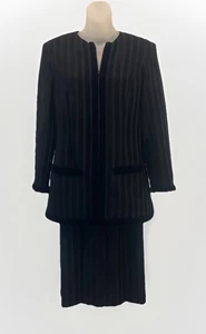Valentino Boutique Black Vertical Stripe Velvet Trim Skirt Suit~SILK Lined~Sz. S - Picture 1 of 11