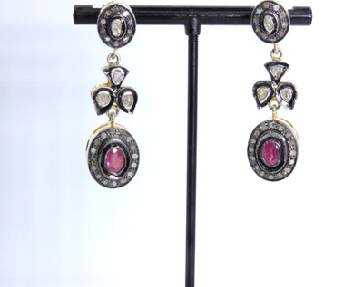 Victorian Rose Cut Polki & Pave Diamond Bridal Earrings 925 Silver Ruby Earrings - Image 1 of 3