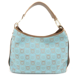 Ferragamo Gancini One-Shoulder Bag Canvas Leather Light Blue Beige Authentic - Picture 1 of 17