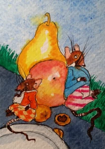 ACEO Original - Zwei Ratten & Früchte - Aquarell 2,5 x 3,5 signiert - Bild 1 von 4