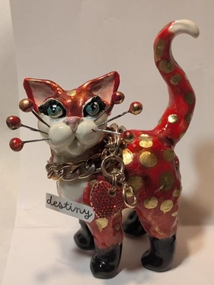  WhimsiClay Destiny, Striking Red And Gold Big Eyed Cat w/ Crystal Pave' Heart  - Image 1 of 3