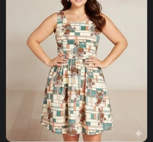 Modcloth Optimistic Effect Fit & Flare Dress Size 2X Retro Pinup Fall Geometric - Picture 1 of 9