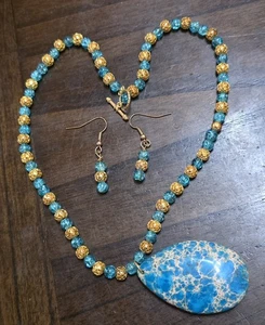 18" Türkis Halskette & Ohrringe Stein Charm Anhänger blau & orange Ohrringe - Bild 1 von 7