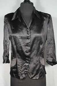 RARE WWII ERA FRENCH VINTAGE BLACK SILKY RAYON SATIN BLOUSE SILK BUTTONS SIZE 38