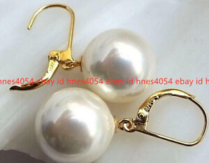 HUGE AAA 16mm Natural South Sea White Shell Pearl Earrings 14k Gold..
