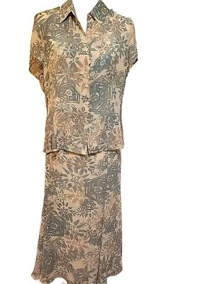 Jones носить Summer Fit и расклешенный юбка и блузка комплект размер 14 зеленый бежевый батик - Изображение 1 из 4