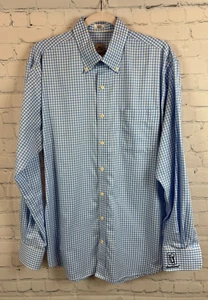 PETER MILLAR white blue cotton mens nanoluxe easycare check logo dress shirt L - Picture 1 of 7