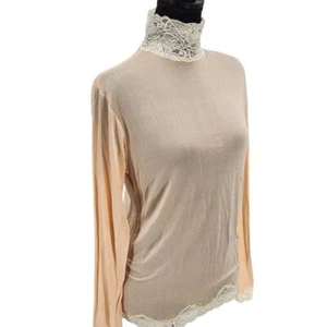 Mary Green Women's XL High Lace Neck 100% Silk Top Blouse Peach Victorian LS - Picture 1 of 8