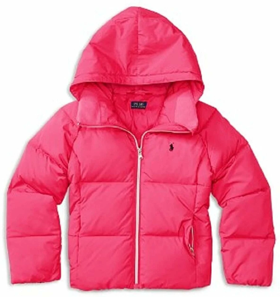 Ralph Lauren 儿童装女孩连帽 Puffer 夹克大号粉色 — 第 1/1 张图片