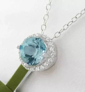 GENUINE 1.18 Cts AQUAMARINE & W/SAPPHIRES NECKLACE .925 Sterling Silver - NWT - Picture 1 of 3