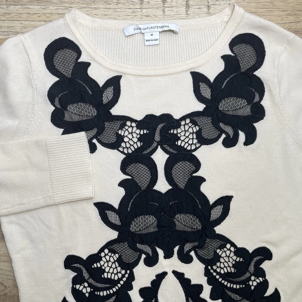 Diane von Furstenberg Shana Lace Sweater Ivory Black Women’s Medium Wool Blend - Image 1 of 4