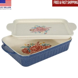 Ceramic Baking Dish W/ Platter Lid Floral Design Easy Carry 9x13 Bakeware New - Picture 1 of 8