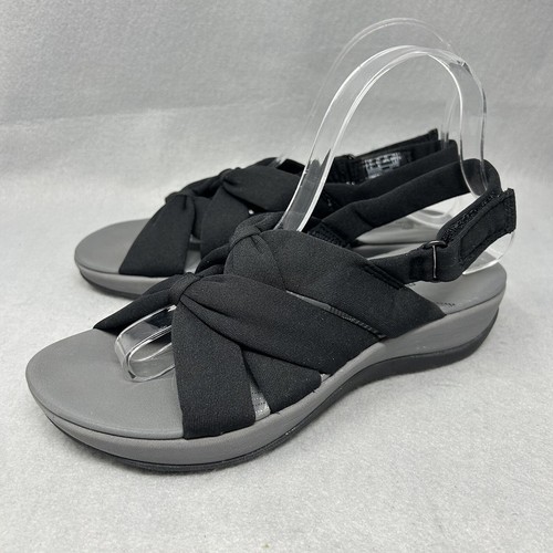 Sandalo donna Clarks Arla Meg taglia 8 5M tessuto nero slingback elasticizzato zeppa bassa
