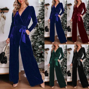 Womens Velvet Belt Jumpsuit V Neck Party Evening Wide Leg Pants Romper Playsuits - Picture 1 of 29