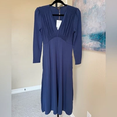 Quince Womens Tencel Jersey V Neck Long Sleeve Midi Dress Navy Extra Small New - Image 1 of 4