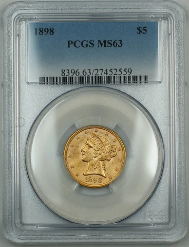 1898 Liberty $5 Gold Half Eagle, PCGS MS-63, Choice BU Coin Cover